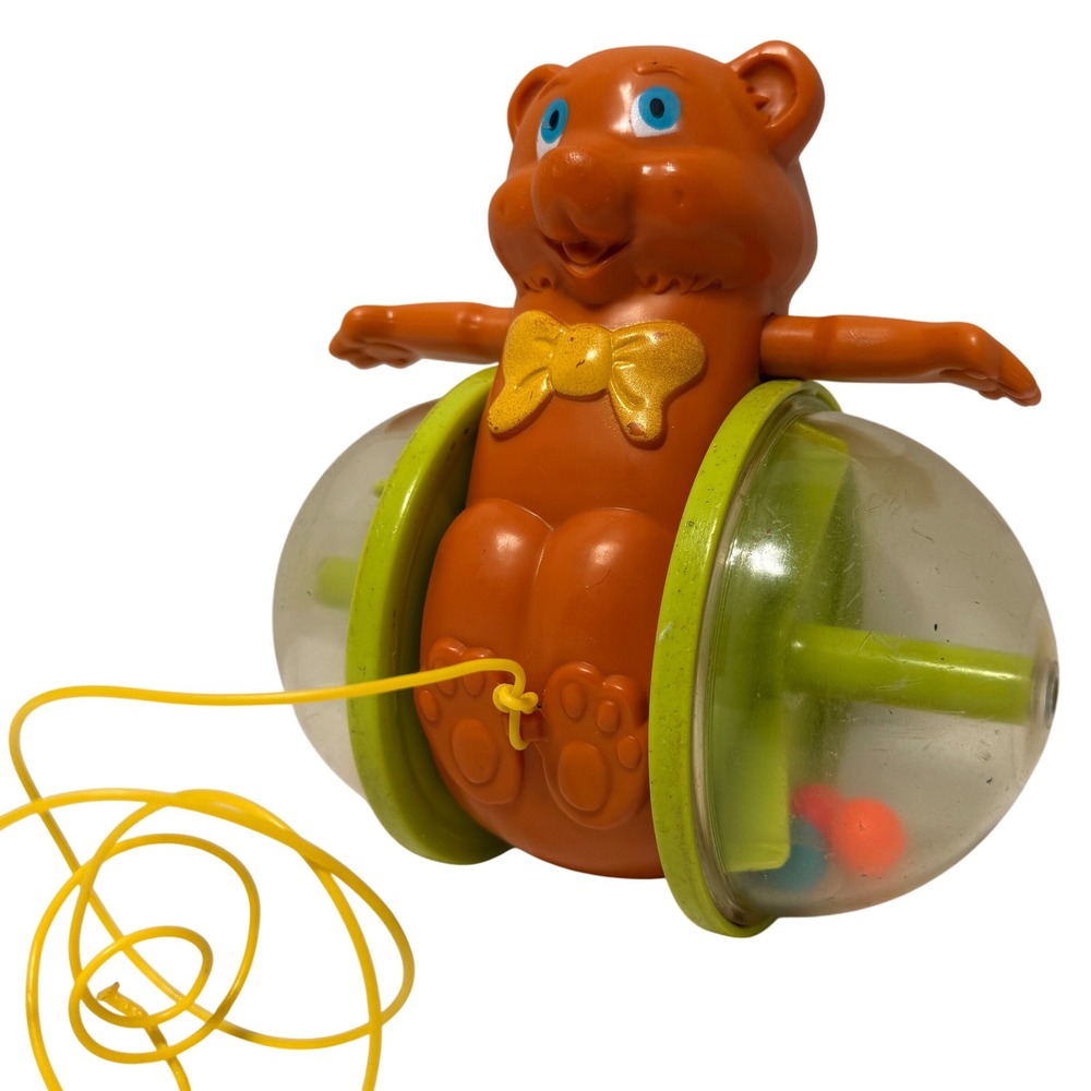 Vintage 1978 Fisher Price 642 Tumble Bear Pull Toy Orange Rattle Made in USA